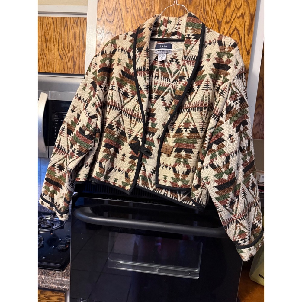 Sara Studio Women L Southwestern Tapestry Cropped Jacket Woven Cotton Geometric